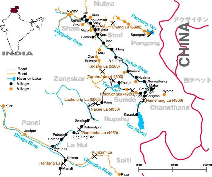 Routekaart Manali naar Leh